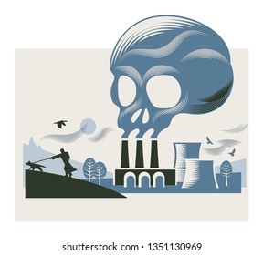 Illustration of a smoke cloud in the shape of a skull appearing from a coal-fired power station. In the foreground a man is walking a dog in the wind. A landscape with smog pollution in the air