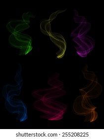 Illustration of smoke clouds in various colors on black background 