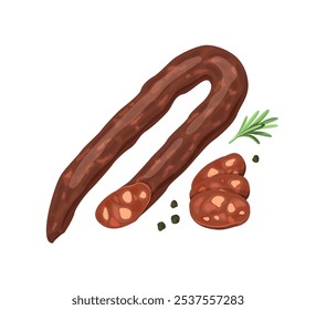 Ilustração de um link de salsicha defumada com várias fatias, guarnecido com alecrim fresco e pimenta. Produto de carne e deli conceito de comida para design e impressão.