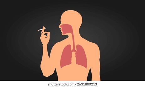 Illustration of a smoking man silhouette with transparent lungs shown inside the chest. Flat and minimal design suitable for health awareness content, anti-smoking campaigns, or medical educational