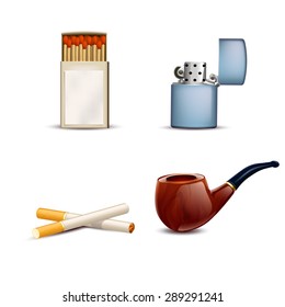 illustration of smoking stuff set pipe, lighter, matches, cigarettes on white background