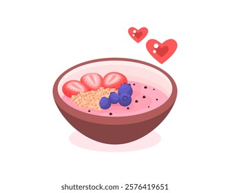 an illustration of a smoothie bowl. a bowl of smoothies with a mixture of strawberry pieces, blueberries, and granola. pink. fresh and delicious. food and fruits. flat style design. elements