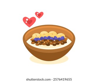 an illustration of a smoothie bowl. a bowl of smoothies with a mixture of banana slices, blueberries, and chocolate. banana smoothie. fresh and delicious. food and fruits. flat style design. elements