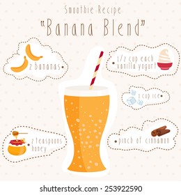 Illustration of smoothie recipe in bank mason with straw. Vector