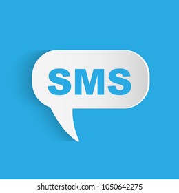 Illustration of an SMS chat bubble on a colorful blue background.