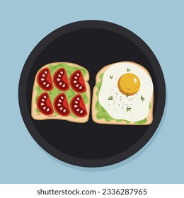 Illustration of snack and breakfast toast with crumpled avocado, tomato and scrambled eggs on a plate in flat style.