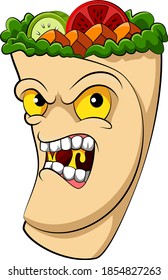 The illustration of the snack wrap monster of the vegetables and meat for the mascot of restaurant