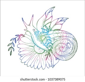 An illustration of a snail crawling through a flower. Color drawing.