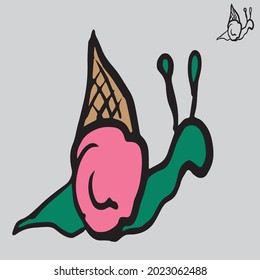 illustration of a snail with an ice cream shell in a simple and cute style