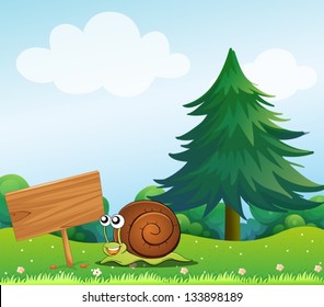 Illustration of a snail near the wooden signboard