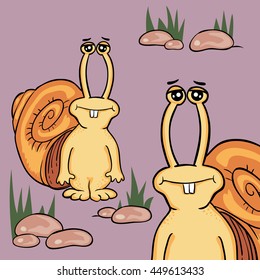 Illustration of a snail on a background of stones with grass
