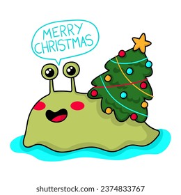 Ilustración de un caracol con el caparazón en forma de árbol de Navidad y diciendo Feliz Navidad, diseño de impresión