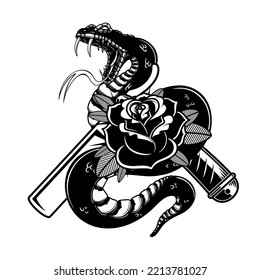 Illustration of the snake, barbers razor and roses. Design element for poster, t shirt, card, banner. Vector illustration