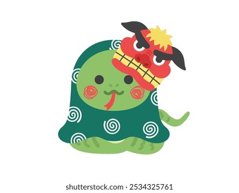 An illustration of a snake character dressed as a lion dancer.
