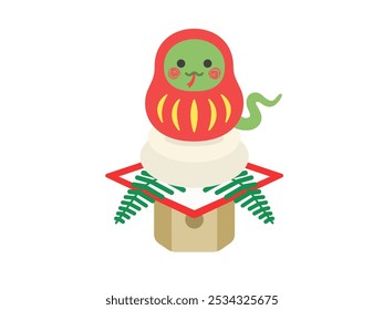 Ilustração de um personagem de cobra vestindo um traje de Daruma em cima de um mochi kagami.