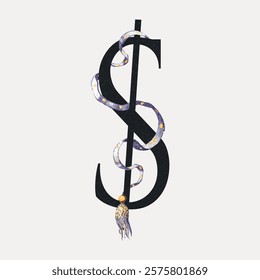 Illustration of a snake coiled around a dollar sign. The snake wraps around the dollar symbol, creating a striking visual of a snake and dollar combination. Vintage art, isolated vector element.