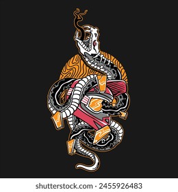 illustration of a snake emerging from a motorbike helmet