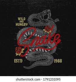 Illustration of snake head, cobra, python, viper in vintage monochrome style. Design element for poster, t shirt. Vector illustration