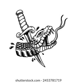 Illustration of snake head with dagger. Design element for poster, card, banner. 