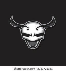 illustration of snake head with horns on black background.