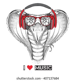 Illustration of snake hipster dressed up in the glasses and headphones. Vector illustration.