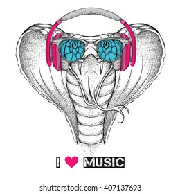 Illustration of snake hipster dressed up in the glasses and headphones. Vector illustration.