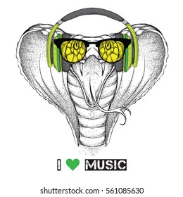 Illustration of snake hipster dressed up in the glasses and headphones. Vector illustration.