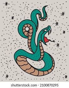 An illustration of a snake inspired by vintage tattoo art. 