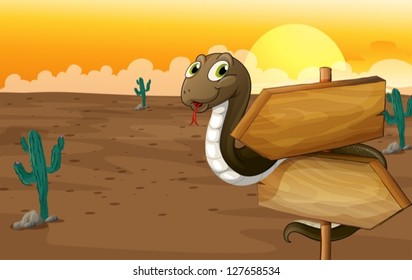 Ilustración de una serpiente y un tablero de anuncios en un desierto