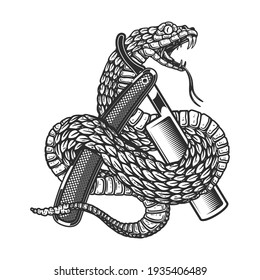 Illustration of snake on barber razor. Design element for poster, card, banner, sign. Vector illustration