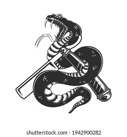 Illustration of snake on barber razor. Design element for poster, card, banner, sign. Vector illustration