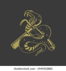 Illustration of snake on barber razor. Design element for poster, card, banner, sign. Vector illustration