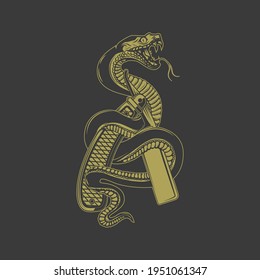 Illustration of snake on barber razor. Design element for poster, card, banner, sign. Vector illustration