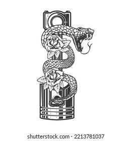 Illustration of the snake on car piston and roses. Design element for poster, t shirt, card, banner. Vector illustration