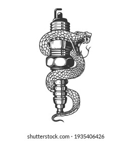 Illustration of snake on car spark plug. Design element for poster, card, banner, sign. Vector illustration