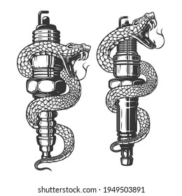 Illustration of snake on car spark plug. Design element for poster, card, banner, sign. Vector illustration