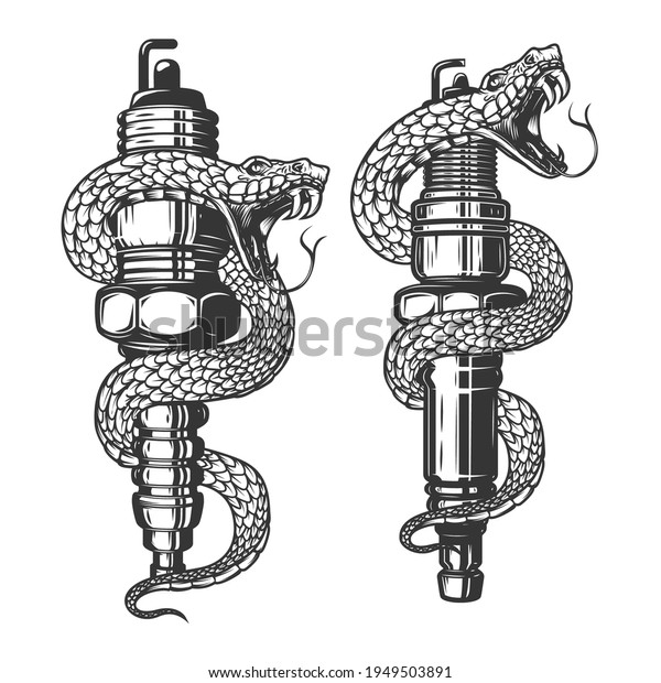 Illustration of snake\
on car spark plug. Design element for poster, card, banner, sign.\
Vector\
illustration