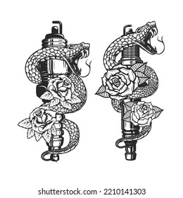 Ilustración de la serpiente en la chispa y rosas. Elemento de diseño para afiches, camisetas, tarjetas, pancartas. Ilustración del vector
