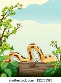 Illustration of a snake on tree in green nature