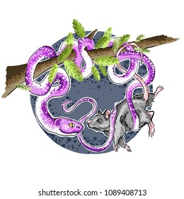 Illustration. Snake and rat on the tree