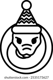 Illustration of a snake wearing a Christmas hat in line art style