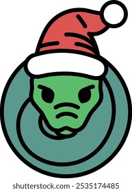 Illustration of a snake wearing a Christmas hat in line art style