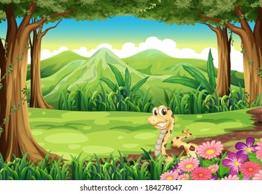 Illustration of a snake in the woods near the flowers