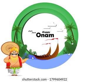 illustration of snakeboat race in Onam celebration background for Happy Onam festival of South India Kerala. Lord Mahabali king holding an umbrella.