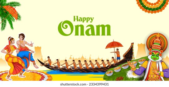 ilustración de la carrera de snakeboat en el fondo de la celebración de Onam para el festival Happy Onam del sur de India Kerala