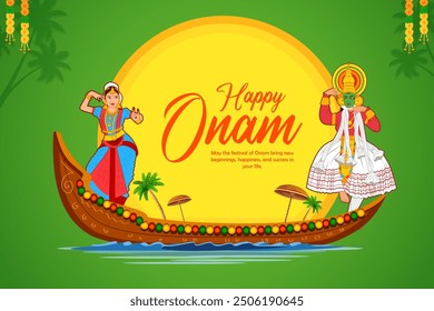 ilustración de la carrera de botes de serpiente en el fondo de la celebración de Onam para el festival Happy Onam del sur de la India Kerala