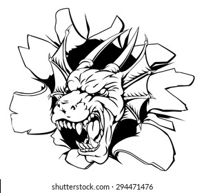 An illustration of a snarling dragon head bursting through a wall