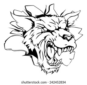 An illustration of a snarling wolf head bursting through a wall