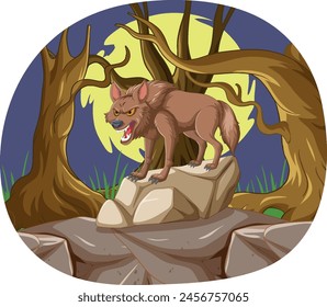 Illustration of a snarling wolf on rocks.