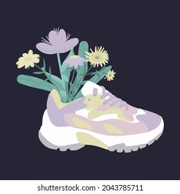 Illustration of sneakers with flowers. Sports shoes Sneakers comfortable shoes for sports for design. Vector illustration